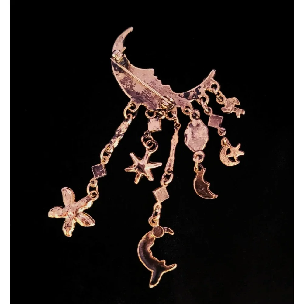 Vintage Style Gold Tone Celestial Man in the Moon Brooch Star Flower Charms Pin